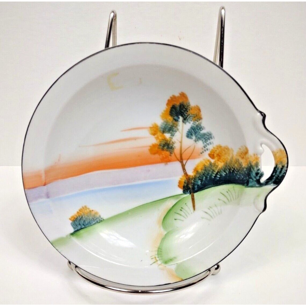 Vintage Hand Painted Meito Black Trim Porcelain Bowl Japan Tree Land Scene - 6"